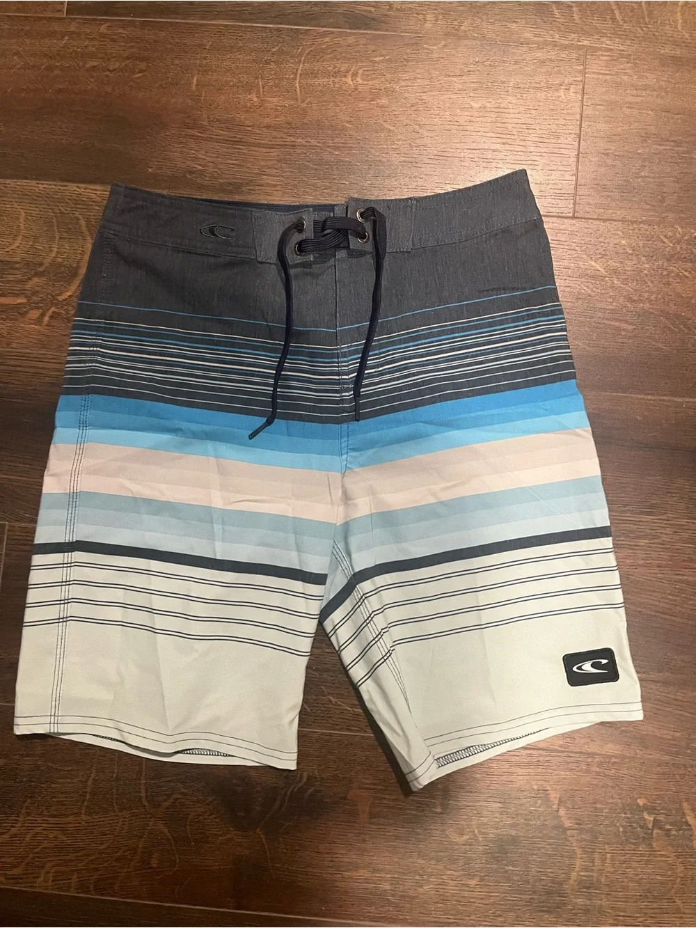 O'Neill Boys Navy, Light Blue & White Striped Swim Trunks